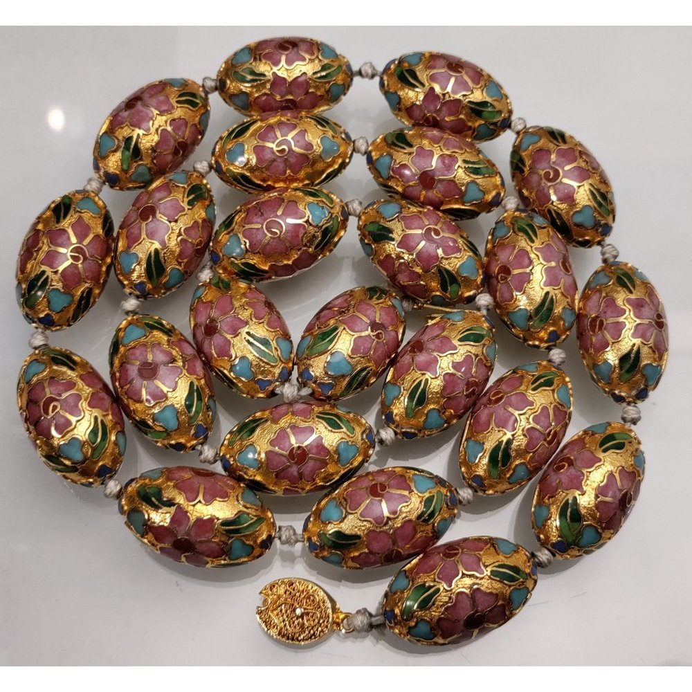 26.5" Gold Champleve Cloisonne Hand Painted Floral Pattern Bead Necklace